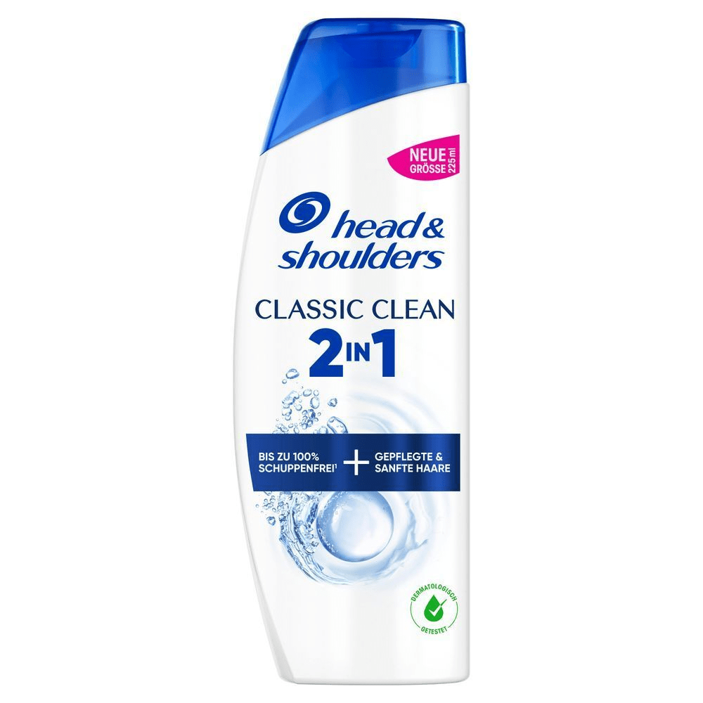 Head & Shoulders Classic Clean 2in1 Anti-Schuppen Shampoo, beworben mit Bis zu 100% schuppenfrei und gepflegte & sanfte Haare.