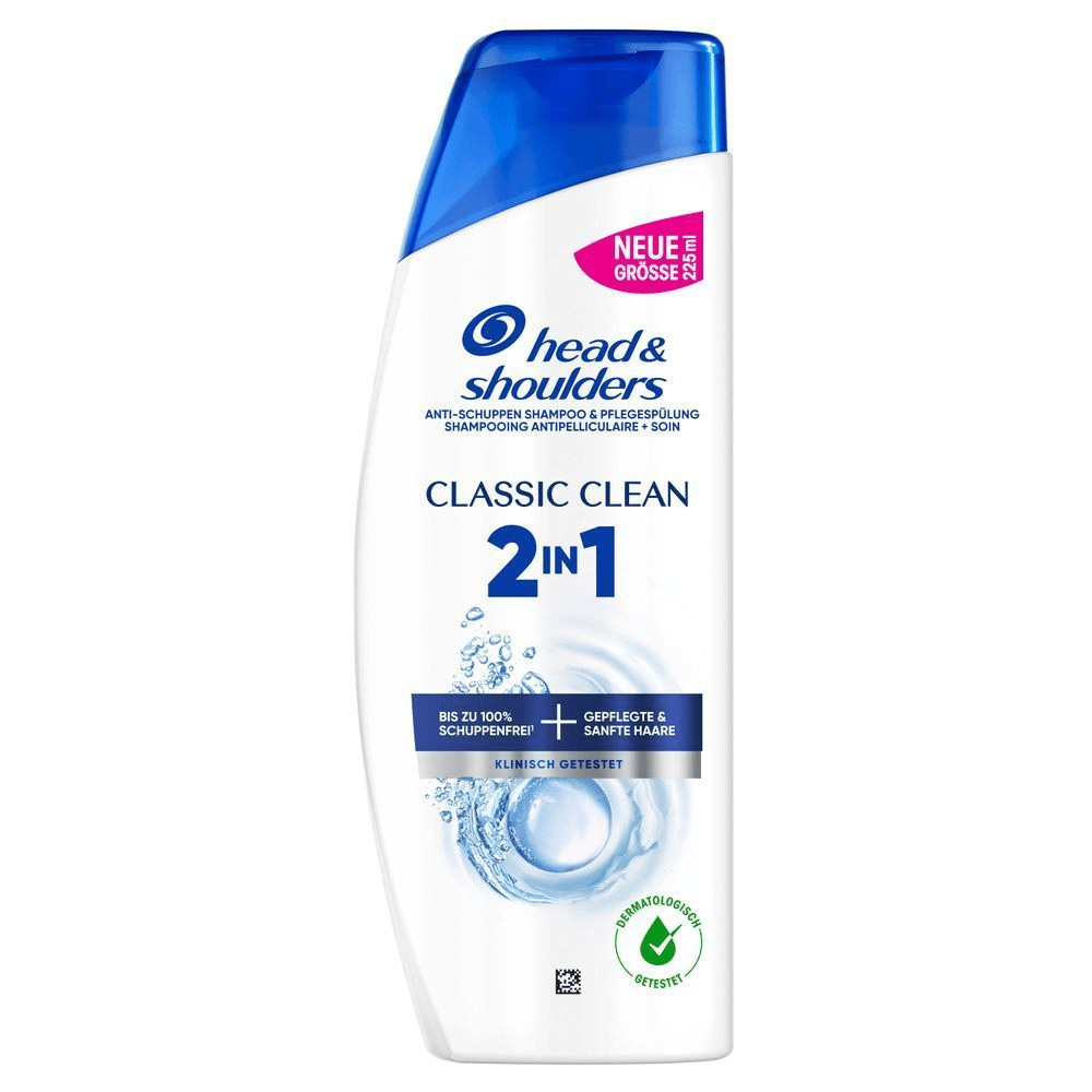 Head & Shoulders Classic Clean 2in1 Anti-Schuppen Shampoo & Pflegespülung, das bis zu 100% Schuppenfreiheit und gepflegte Haare bietet.