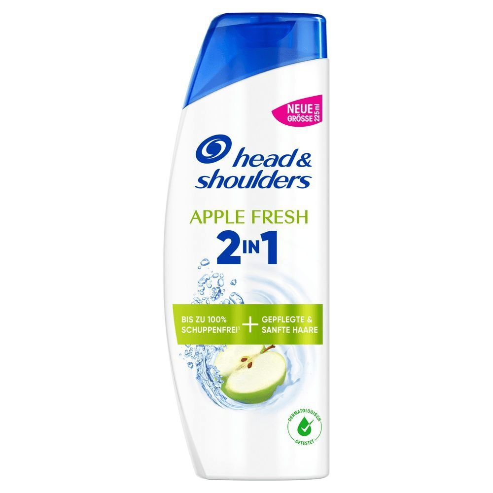 Head & Shoulders Apple Fresh 2in1 Anti-Schuppen Shampoo in neuer Größe, verspricht bis zu 100% schuppenfreie, gepflegte und sanfte Haare.