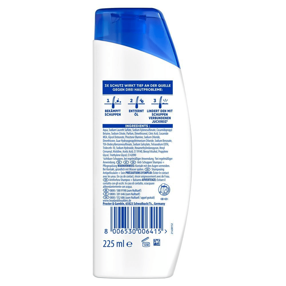 Head & Shoulders Anti-Schuppen Shampoo Flasche, die 3-fachen Schutz gegen Schuppen, Öl und Juckreiz hervorhebt.
