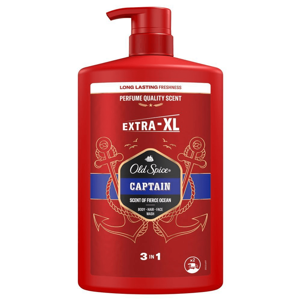 Old Spice Captain 3-in-1 Duschgel, Extra-XL Größe, mit dem Hinweis "Long Lasting Freshness, Perfume Quality Scent". [ES] Imagen frontal del producto Old Spice Captain 3 en 1, tamaño Extra-XL, con fragancia de calidad perfume y frescura duradera. [PT] Old Spice Gel de Banho 3 em 1 Captain tamanho Extra-XL, com fragrância de oceano feroz e frescor duradouro. [FR] Old Spice Captain, gel douche 3 en 1 pour corps, cheveux et visage, avec une fraîcheur longue durée.