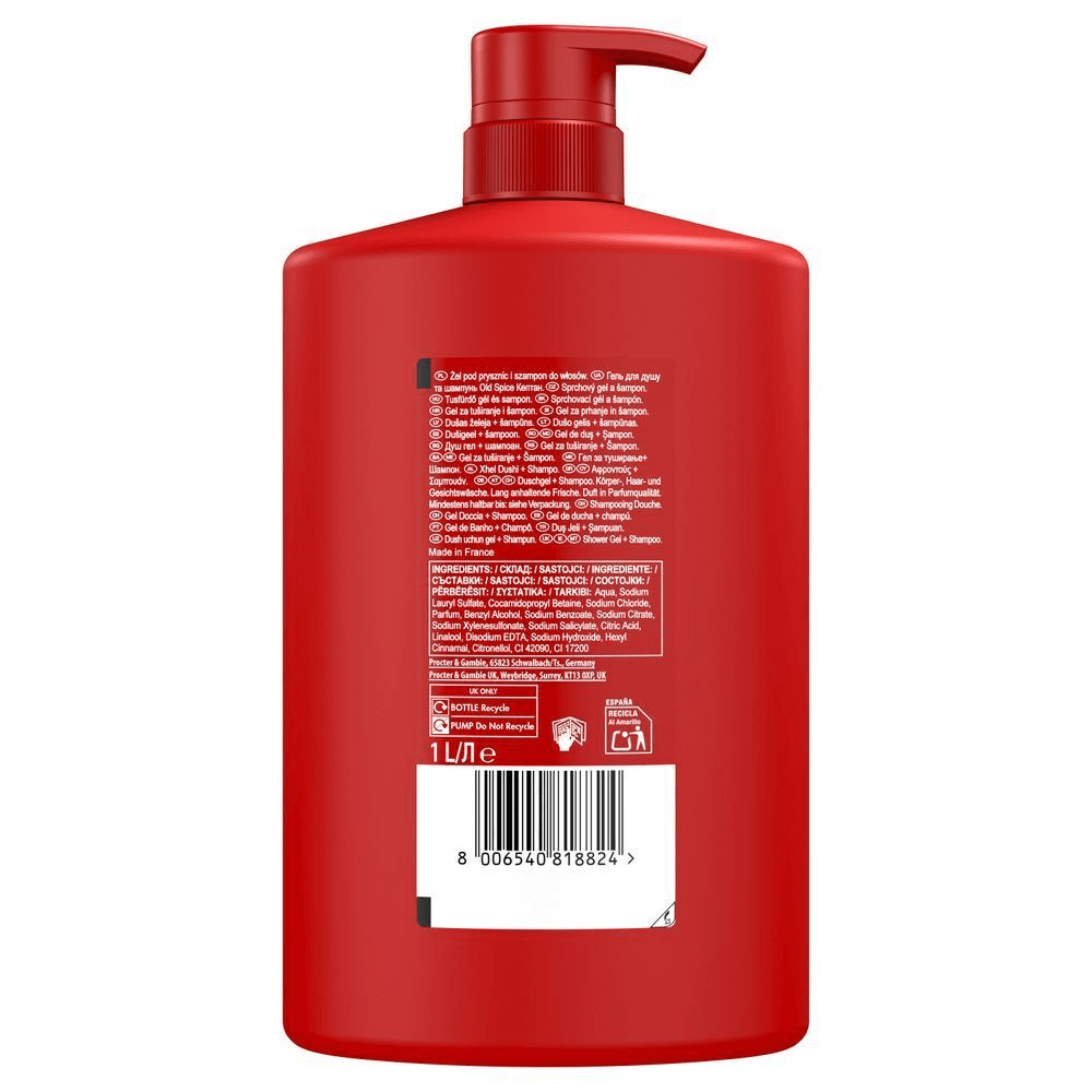 Old Spice Duschgel und Shampoo in roter Flasche, hervorgehoben wird die 1L Füllmenge. [ES] Imagen posterior con regulaciones e ingredientes del producto Old Spice Captain, gel de ducha y champú en envase rojo de 1 litro. [PT] Old Spice Gel de Banho 3 em 1 XL  parte detrás da embalagem com informações de contéudo/ingredientes, fabricação, reciclagem e dados de contato da P&G, QRC. [FR] Old Spice gel douche 3 en 1 pour corps, cheveux et visage, bouteille rouge vu de dos.