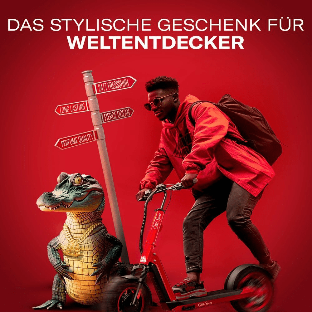 Old Spice Werbung mit Mann auf Roller und Krokodil, die die Duftrichtungen Long Lasting, Perfume Quality, 24-7 Fressshhh und Fierce Ocean hervorhebt.