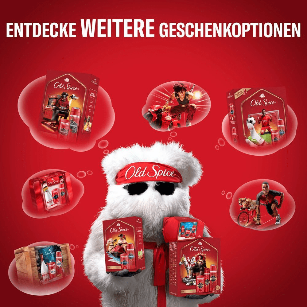 Old Spice Geschenksets, präsentiert von einem Bären mit Old Spice Stirnband und verschiedenen Geschenkoptionen in Gedankenblasen.