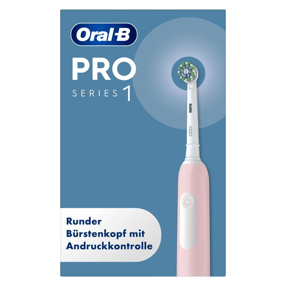 Oral-B PRO Series 1 Zahnbürste, Verpackung mit dem Hinweis auf den runden Bürstenkopf mit Andruckkontrolle.