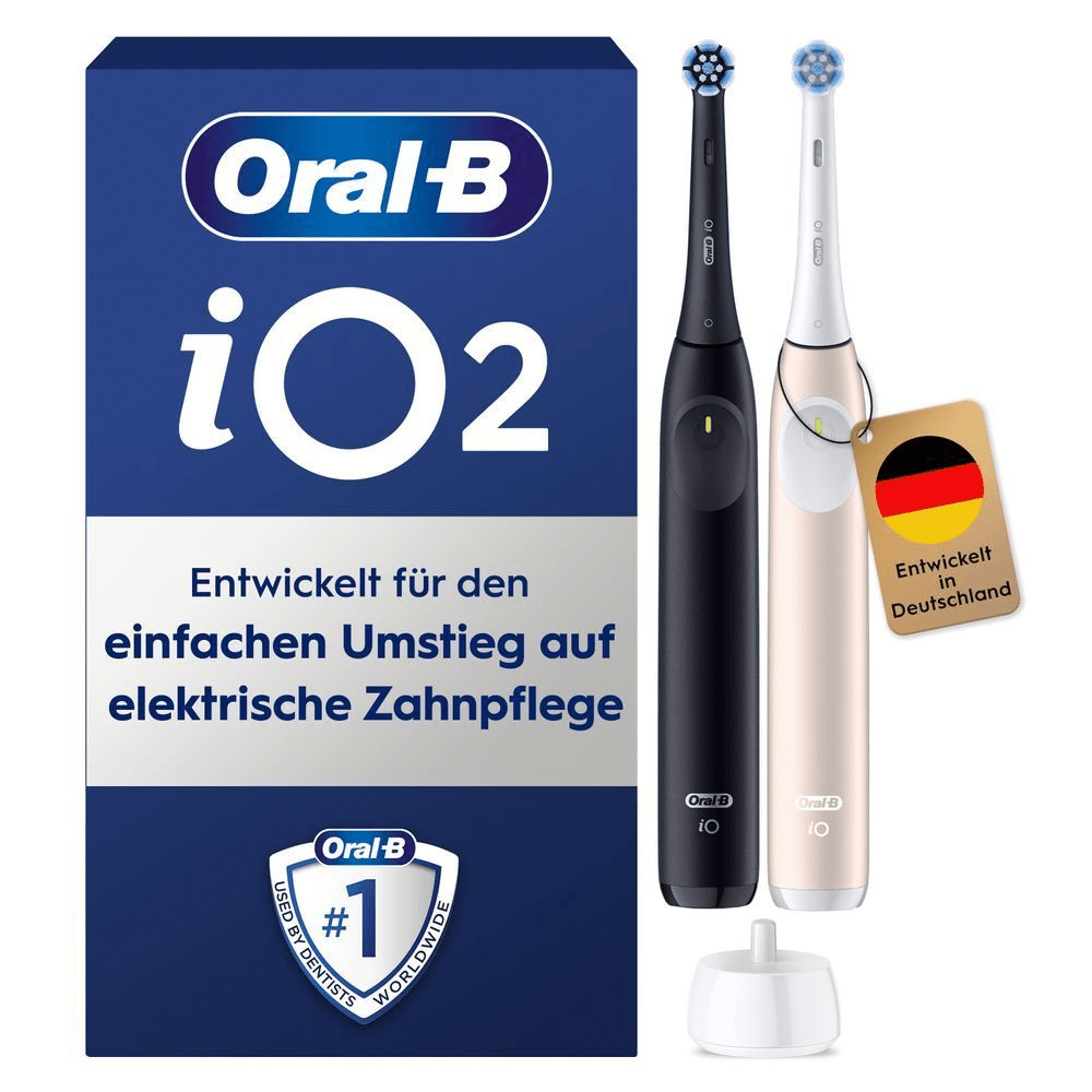 Oral-B iO Series 2 Zahnbürste mit Verpackung, die mit "Entwickelt für Einsteiger" wirbt und automatische Andruckkontrolle hervorhebt.