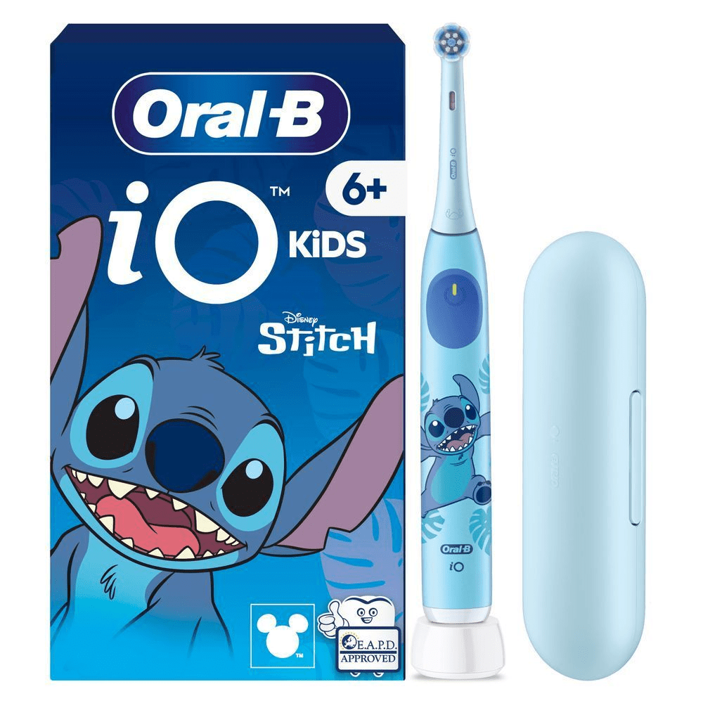 Oral-B iO Kids elektrische Zahnbürste mit Disney Stitch Design, geeignet für Kinder ab 6 Jahren und von E.A.P.D. geprüft.