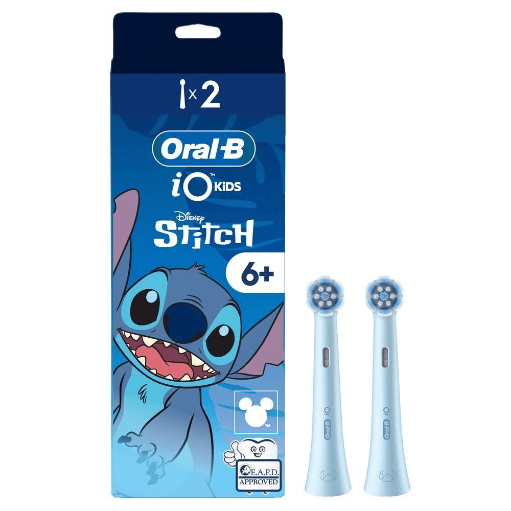 Oral-B iO Kids Aufsteckbürsten mit Disney Stitch Motiv, 2 Stück, geeignet für Kinder ab 6 Jahren. [HU] Oral-B iO Kids Disney Stitch fogkefefejek, 2 darabos kiszerelés, 6 éves kortól ajánlott. [PL] Oral-B iO Kids Disney Stitch, opakowanie z dwiema końcówkami szczoteczek do zębów dla dzieci w wieku 6 lat i starszych. [PT] Oral-B iO Kids cabeças de escova com embalagem do Stitch da Disney, para crianças com 6 anos ou mais, embalagem de 2. [SL] Oral-B iO Kids Disney Stitch nadomestne glave ščetke, pakiranje z dvema glavama, primerno za otroke od 6. leta dalje. [HR] Oral-B iO Kids Disney Stitch nastavci za četkicu za zube, pakiranje s dva nastavka za djecu stariju od 6 godina.;