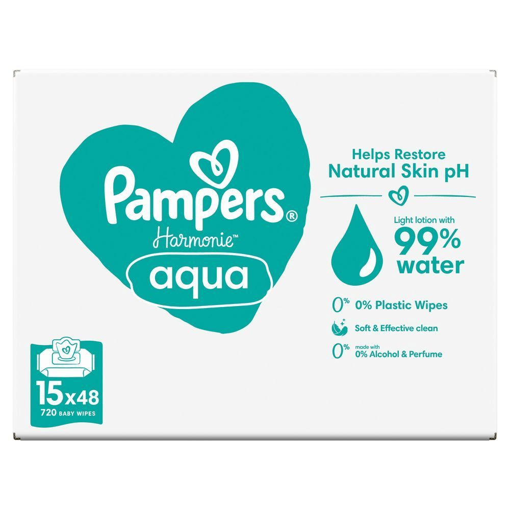 Pampers Harmonie Aqua Feuchttücher, 15 Packungen à 48 Tücher, mit 99% Wasser und ohne Alkohol und Parfüm. [RO] Pampers Harmonie Aqua, 720 șervețele pentru bebeluși, cu loțiune ușoară cu 99% apă și ajută la restabilirea pH-ului natural al pielii. [IT] Pampers Harmonie Aqua, salviette per bambini, con lozione leggera al 99% di acqua e che aiutano a ripristinare il pH naturale della pelle. [HR] Pampers Harmonie Aqua vlažne maramice, pakiranje koje ističe formulu s 99% vode i pomaže u obnavljanju prirodnog pH kože. [CS] Pampers Harmonie Aqua dětské ubrousky s lehkým lotionem obsahujícím 99 % vody a pomáhající obnovit přirozené pH pokožky. [HU] Pampers Harmonie Aqua törlőkendő csomagolása, kiemelve a 99%-os víztartalmat és a természetes bőr pH-jának helyreállítását. [SK] Pampers Harmonie Aqua vlhčené obrúsky, balenie s nápisom "Pomáha obnoviť prirodzené pH pokožky" a obsahom 99% vody. [SL] Pampers Harmonie Aqua vlažilni robčki, poudarek na formuli z 99% vode in brez plastike, alkohola in parfumov.;