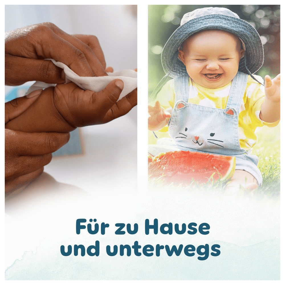 Eine Collage aus zwei Bildern zeigt, das Pampers Harmonie Aqua Baby-Feuchttücher sowohl zu Hause als auch unterwegs geeignet sind. Auf der linken Seite wird die Hand eines Babys sanft reinigt. Auf der rechten Seite genießt ein fröhliches Baby mit einem Sonnenhut draußen einen Snack aus Wassermelone.