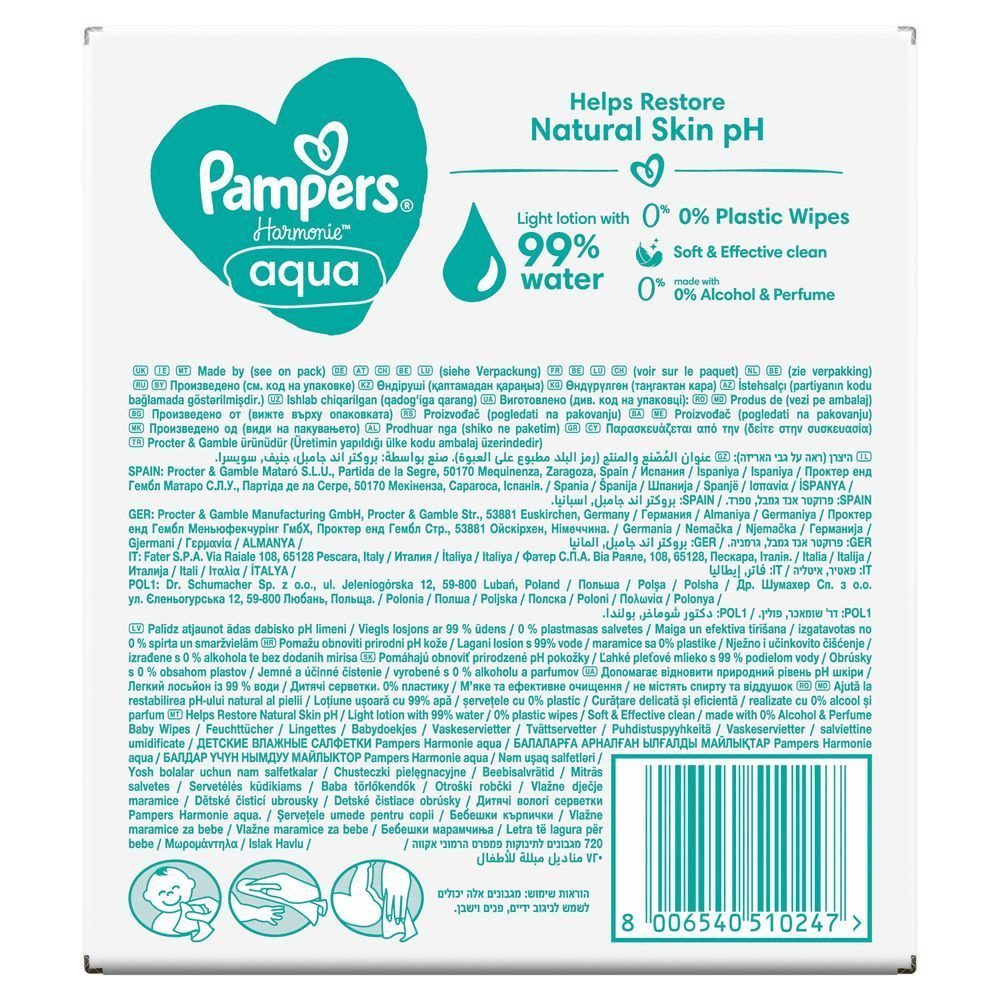 Pampers Harmonie Aqua Feuchttücher, mit leichter Lotion mit 99% Wasser und 0% Plastik im Tuch, für eine sanfte und effektive Reinigung. [RO] Pampers Harmonie Aqua, șervețele umede pentru bebeluși, cu loțiune ușoară, 99% apă și 0% plastic, alcool și parfum. [IT] Pampers Harmonie Aqua: salviette con 99% acqua, senza plastica, alcool e profumo. Aiutano a ripristinare il pH naturale della pelle. [HR] Pampers Harmonie Aqua vlažne maramice, s laganim losionom i 99% vode, pomažu vratiti prirodni pH kože. [HU] Pampers Harmonie Aqua nedves törlőkendő csomagolása, kiemelve a 99%-os víztartalmat és a 0% műanyagot tartalmazó törlőkendőket. [SK] Pampers Harmonie Aqua vlhčené obrúsky s 99% podielom vody a 0% plastových vlákien pre jemné a účinné čistenie.;