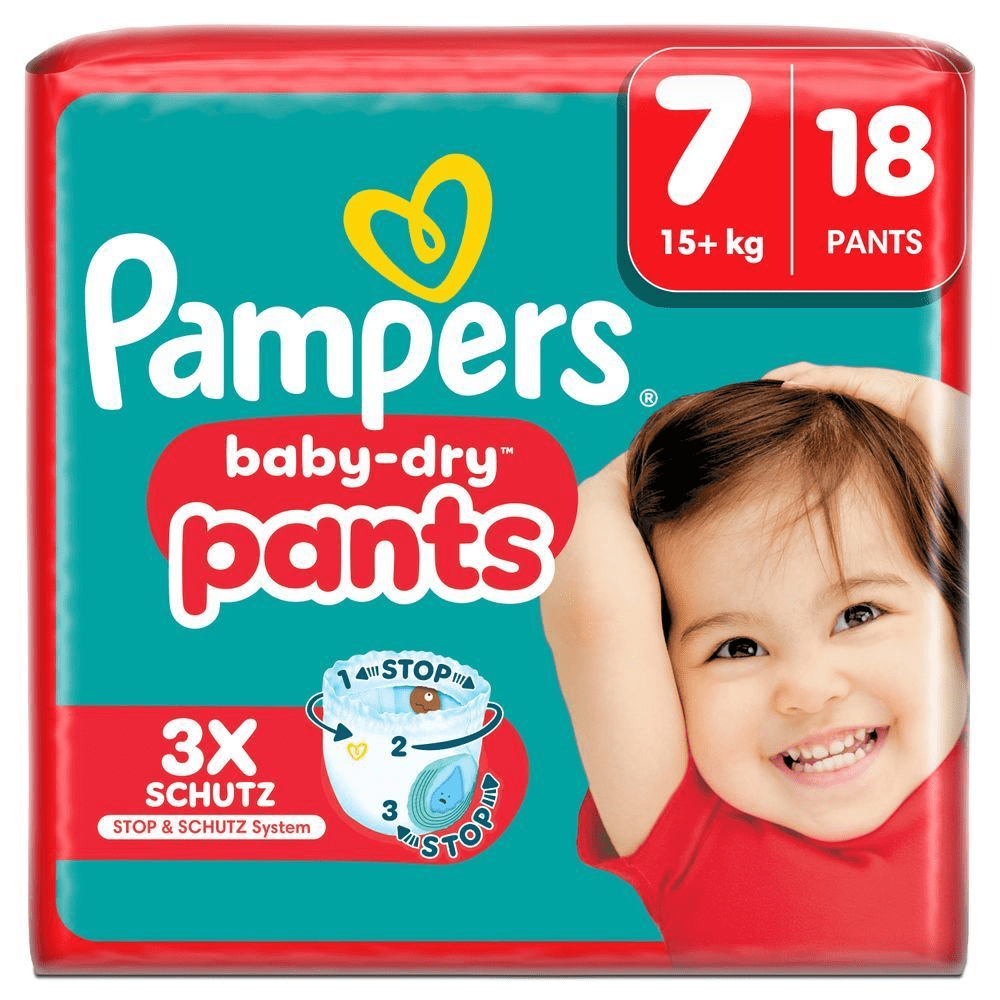 Pampers Baby-Dry Pants Single Pack, Größe 7 mit 18 Pants, 15+ kg, hervorgehoben wird der Produktvorteil: 3x Schutz dank Stop & Schutz System. [IT] Pampers Baby-Dry Pants taglia 7 (15+ kg), confezione che evidenzia il sistema "3X Schutz Stop & Schutz System" per una protezione tripla.;