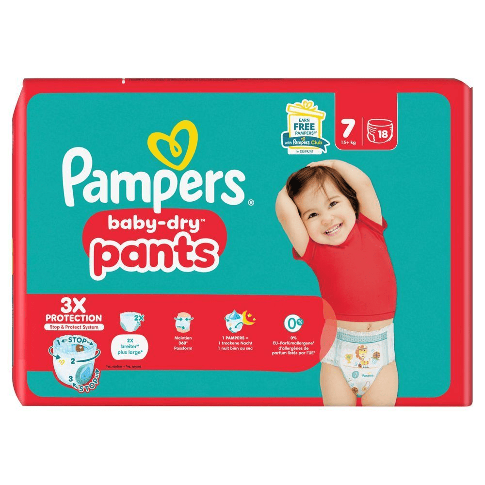 Pampers Baby-Dry Pants Verpackung, Größe 7, mit dem Hinweis auf 3x Schutz durch das Stop & Protect System. [IT] Pampers Baby-Dry Pants confezione, evidenziando la protezione 3X Stop & Protect System e l'assenza di allergeni da profumo elencati nell'UE.;