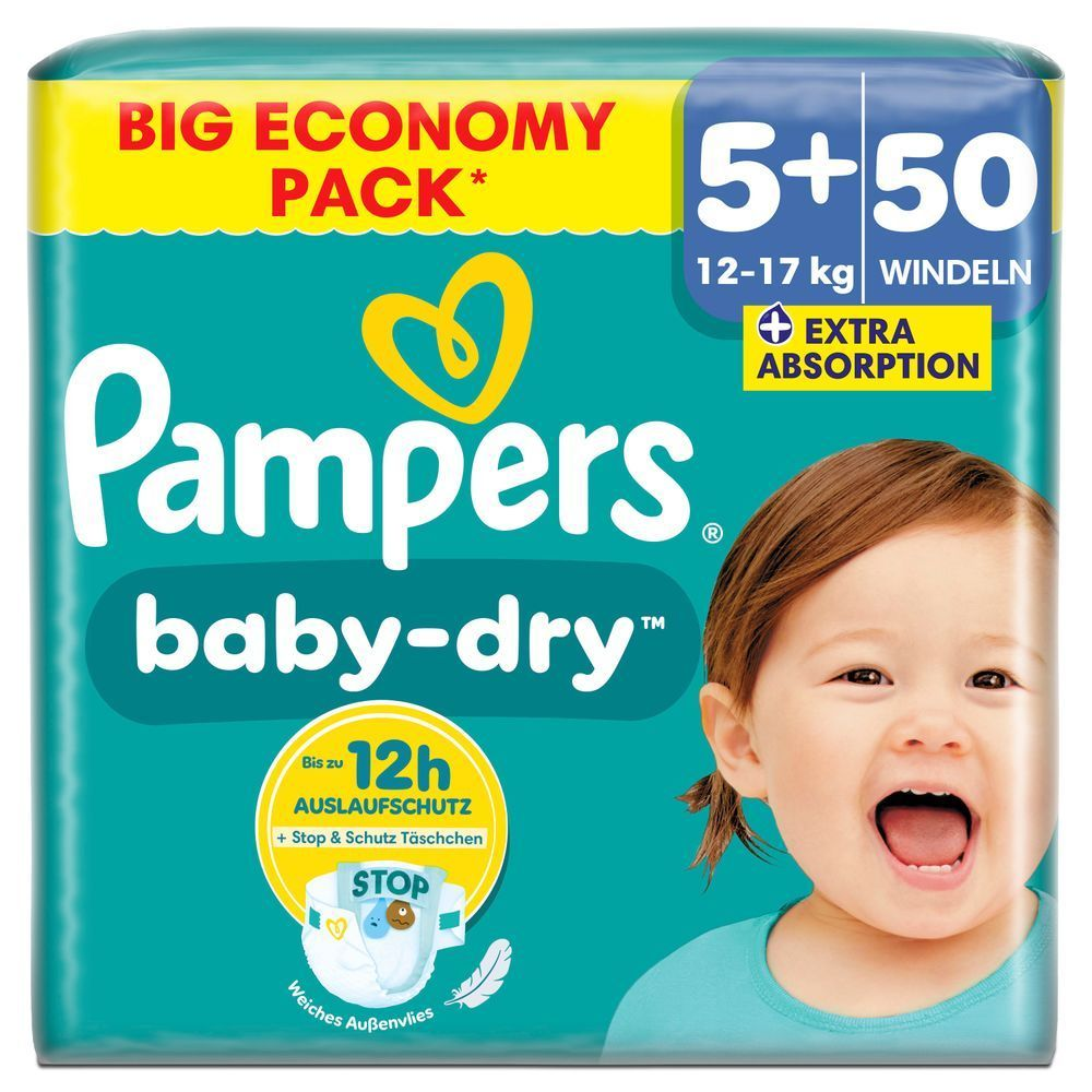 Pampers Baby-Dry Big Economy Pack, Größe 5+ mit 50 Windeln, 12-17kg, hervorgehoben werden die Produktvorteile: Bis zu 12 Stunden Auslaufschutz und Stop & Schutz Täschchen.
