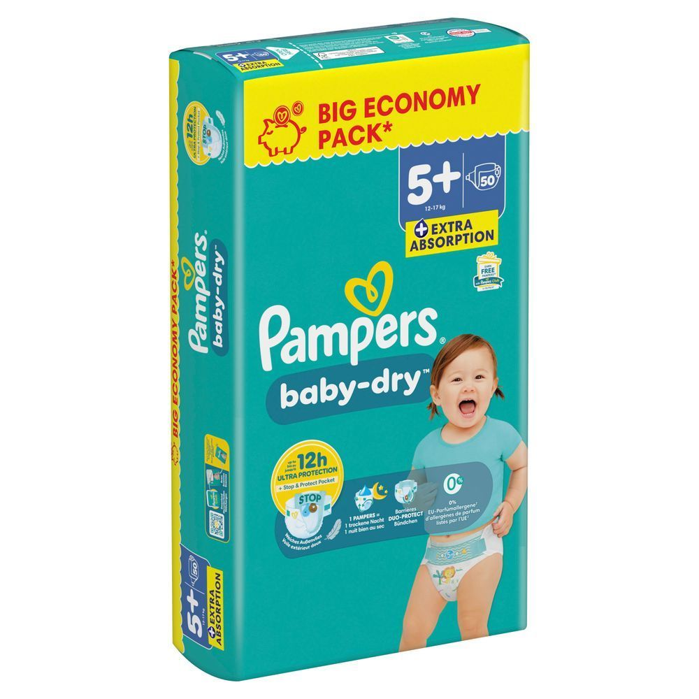 Pampers Baby-Dry Windeln, Größe 5+, im Big Economy Pack mit dem Versprechen von bis zu 12 Stunden Ultra Protection.;