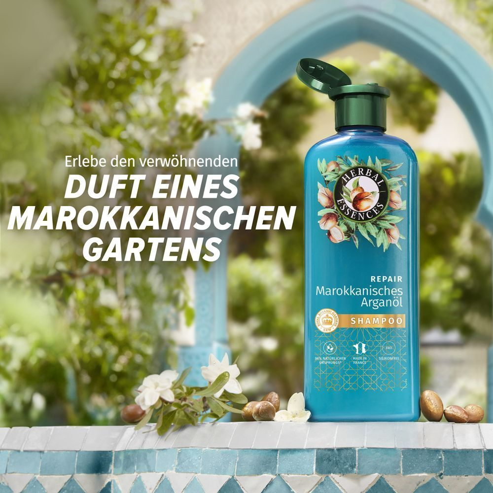 Herbal Essences Marokkanisches Arganöl Shampoo, das den verwöhnenden Duft eines marokkanischen Gartens verspricht.