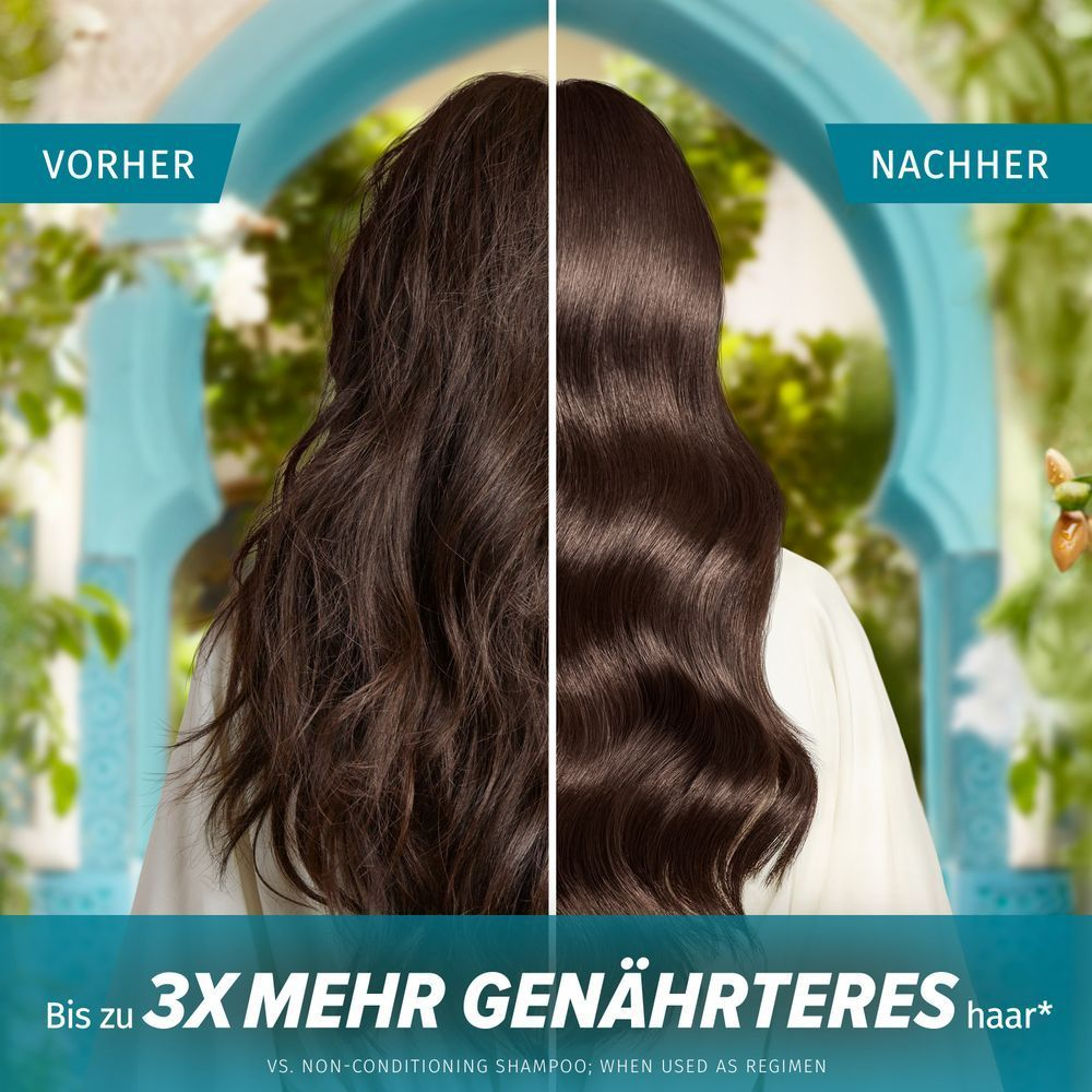 Der Vorher-Nachher-Vergleich zeigt sichtbar bis zu 3x mehr genährteres Haar durch Herbal Essences.