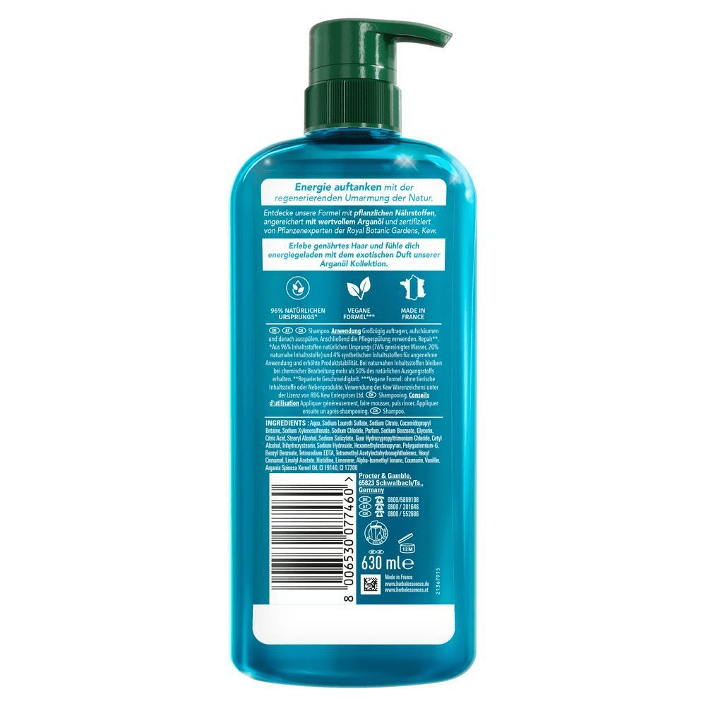 Herbal Essences Arganöl Shampoo, hervorgehoben wird die Formel mit pflanzlichen Nährstoffen und zertifiziert durch Pflanzenexperten der Royal Botanic Gardens, Kew.