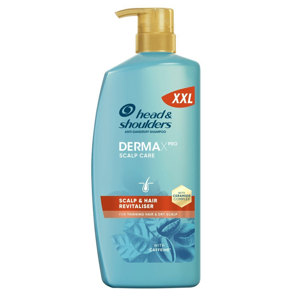 Head & Shoulders DERMAX PRO Anti-Schuppen Shampoo XXL fÃ¼r dÃ¼nner werdendes Haar und trockene Kopfhaut. [DA] Head & Shoulders DERMAX PRO SCALP CARE Anti-Dandruff Shampoo, XXL, til revitalisering af tyndt hÃ¥r og tÃ¸r hovedbund. [SV] Head & Shoulders DERMAX PRO SCALP CARE mjÃ¤llschampo, XXL, hÃ¥rbotten- och hÃ¥rstÃ¤rkare fÃ¶r tunt hÃ¥r och torr hÃ¥rbotten. [FI] Head & Shoulders DERMAX PRO SCALP CARE Anti-Dandruff Shampoo XXL -pullo hiusten ohenemiseen ja kuivalle pÃ¤Ã¤nahalle. [ES] ChampÃº anticaspa Head & Shoulders Dermax Pro Scalp & Hair Revitaliser XXL con cafeÃ­na y complejo de ceramida para revitalizar el pelo y cuero cabelludo fino y seco, para un cuidado capilar completo. Referencia: hys-dermax-revitaliser