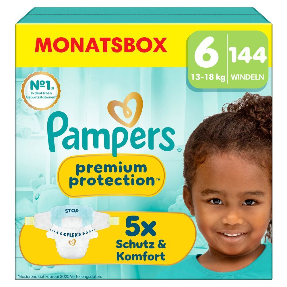 Pampers Premium Protection Monatsbox Größe 6, 164 Windeln, mit 5x Schutz & Komfort. [IT] Pampers Premium Protection taglia 6, confezione da 164 pannolini, offre 5 volte più protezione e comfort.;
