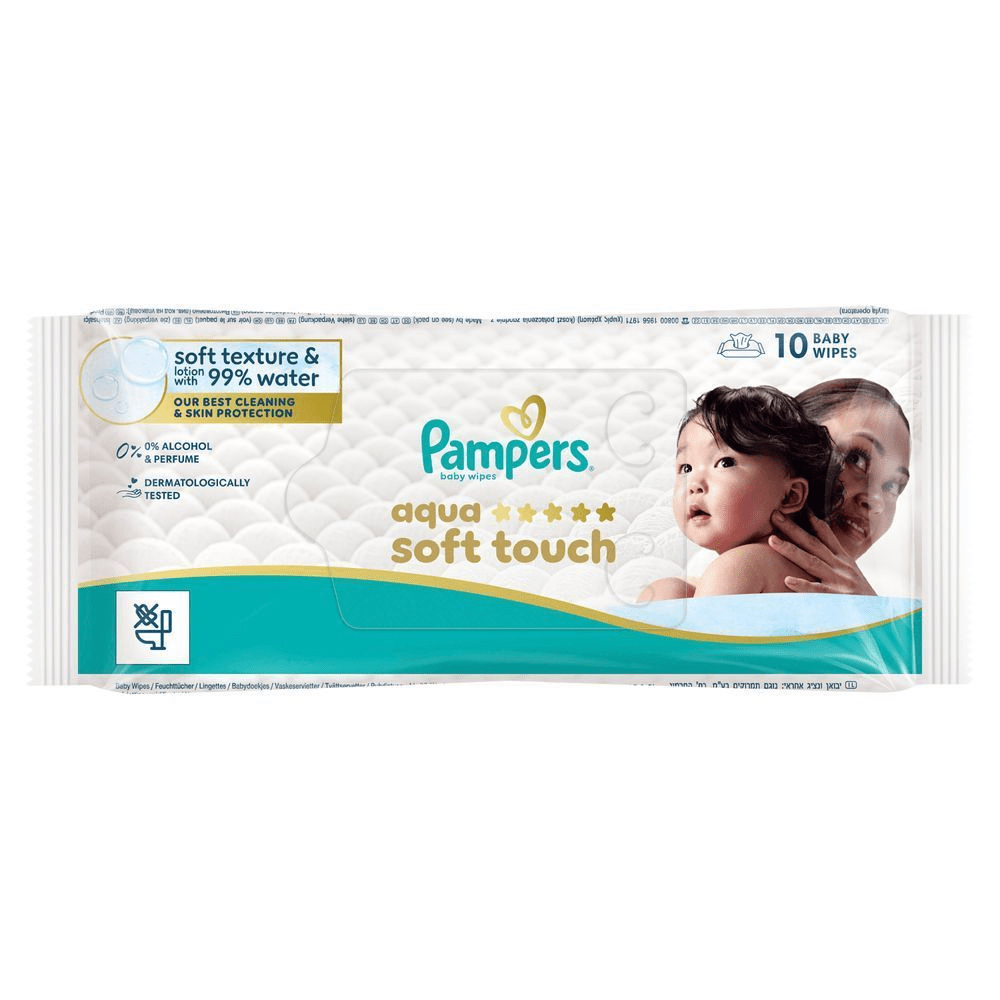 Pampers Aqua Soft Touch Feuchttücher, hervorgehoben mit Soft Texture & Lotion mit 99% Wasser. [HR] Pampers Aqua Soft Touch vlažne maramice s pakiranjem koje ističe nježnu teksturu i 99% vode. [CS] Pampers aqua soft touch dětské ubrousky, balení 10 kusů s 99 % vody pro jemnou péči. [HU] Pampers Aqua Soft Touch babatörlőkendő csomagolása, kiemelve a 99% vízzel, puha textúra és lotion feliratot. [SK] Pampers Aqua Pure detské vlhčené obrúsky so zložením s jemnou textúrou a 99% vody pre jemné čistenie a ochranu pokožky. [SL] Pampers aqua soft touch vlažilni robčki, pakiranje poudarja 99% vode ter 0% alkohola in parfumov.