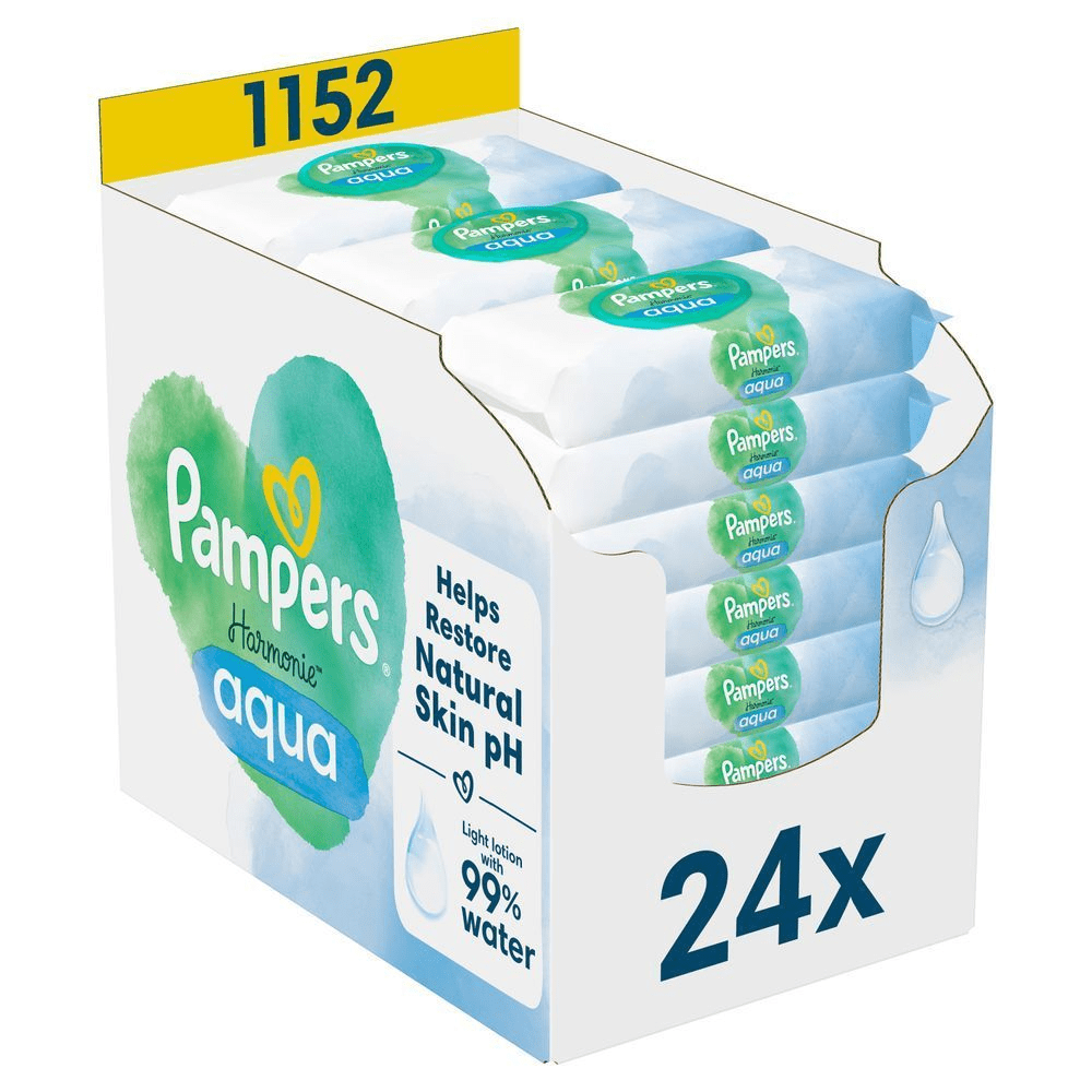 Pampers Harmonie Aqua Feuchttücher, 24er Pack mit je 48 Tüchern, hervorgehoben wird der Produktvorteil: Hilft, den natürlichen pH-Wert der Haut wiederherzustellen und leichte Lotion mit 99% Wasser. [EN] Pampers Harmonie Aqua wipes, 24-pack case, highlighting the claim of light lotion with 99% water. [RO] Pampers Harmonie Aqua, cutie cu 24 de pachete, cu loțiune ușoară cu 99% apă, ajută la restabilirea pH-ului natural al pielii. [IT] Pampers Harmonie Aqua, confezione da 24 pacchi, con formula leggera con il 99% di acqua per aiutare a ripristinare il pH naturale della pelle. [HR] Pampers Harmonie Aqua vlažne maramice, pakiranje od 24 komada, s laganim losionom koji sadrži 99% vode. [CS] Pampers Harmonie Aqua vlhčené ubrousky v balení 24x, které pomáhají obnovit přirozené pH pokožky a obsahují 99 % vody. [HU] Pampers Harmonie Aqua törlőkendők 24 darabos kiszerelésben, a csomagoláson a "Segít helyreállítani a bőr természetes pH-értékét" felirattal. [SK] Pampers Harmonie Aqua vlhčené obrúsky, balenie 24 kusov, s ľahkou emulziou s 99% vody pre obnovu prirodzeného pH pokožky. [SL] Pampers Harmonie Aqua vlažilni robčki, pakiranje 24x, z lahkim losjonom z 99% vodo za obnovo naravnega pH kože.;