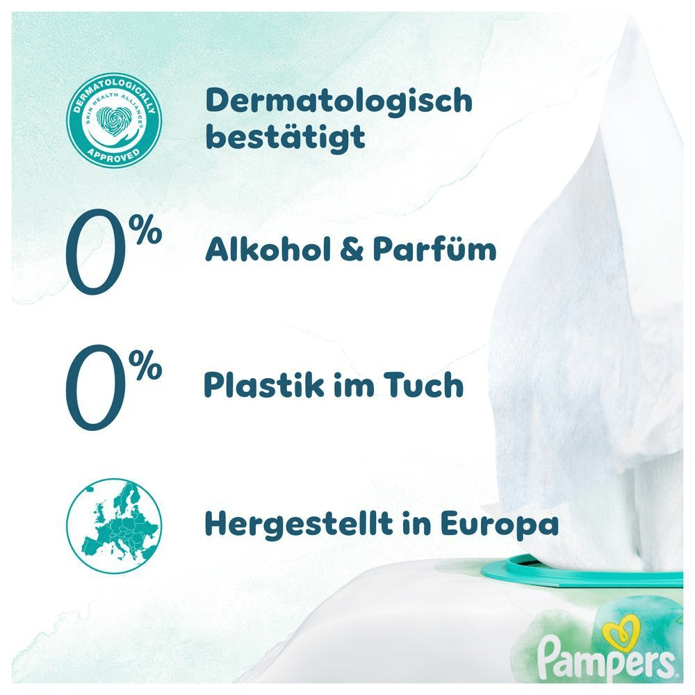 Eine Nahaufnahme der Verpackung, die die Eigenschaften der Pampers Harmonie Aqua Baby-Feuchttücher hervorhebt. Im Text steht, dass die Feuchttücher von Dermatologen bestätigt sind, 0 % Alkohol und Parfüm und 0 % Plastik im Tuch enthalten und in Europa hergestellt werden.