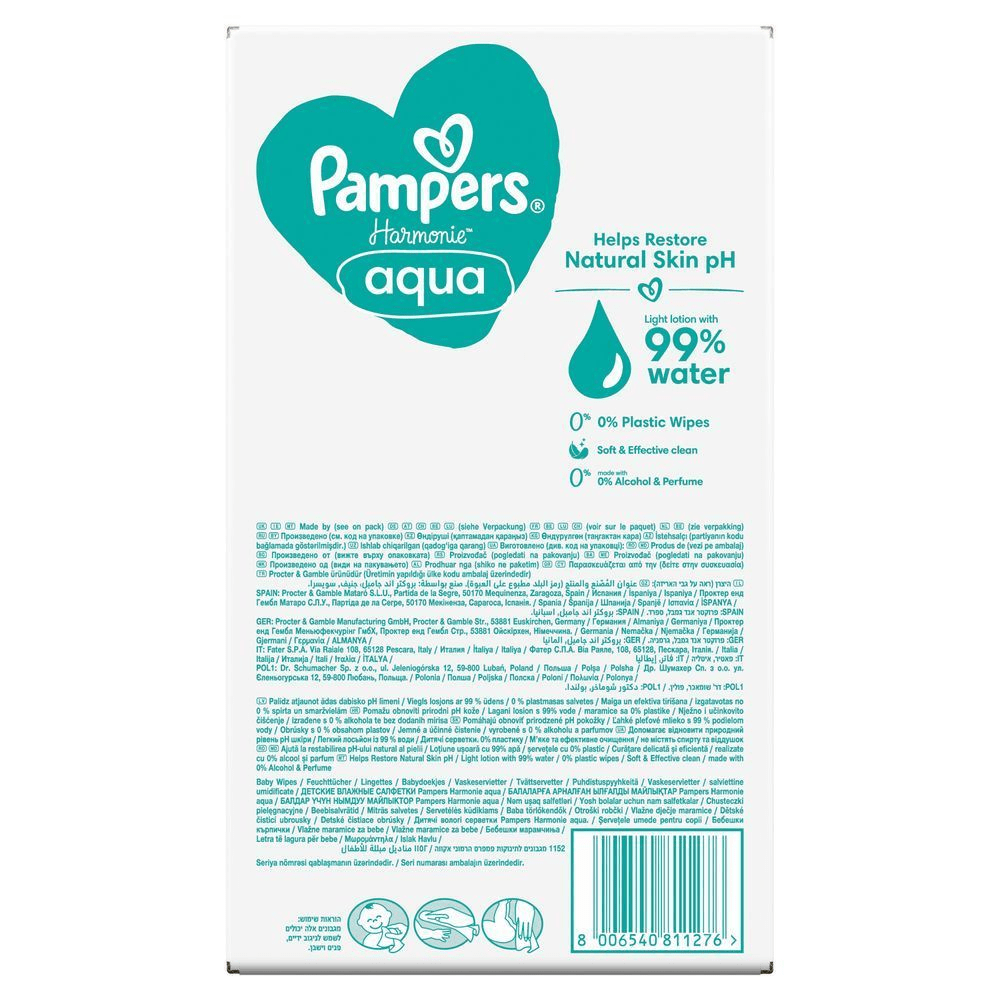 Pampers Harmonie Aqua Feuchttücher, die mit einer leichten Lotion mit 99% Wasser und ohne Plastik im Tuch, Alkohol und Parfüm hergestellt wurden. [RO] Pampers Harmonie Aqua, cu loțiune ușoară cu 99% apă, 0% plastic și 0% alcool și parfum, ajută la restabilirea pH-ului natural al pielii. [IT] Pampers Harmonie Aqua, con lozione leggera al 99% di acqua, salviette morbide ed efficaci, senza plastica, alcool e profumo. [HR] Pampers Harmonie Aqua vlažne maramice, s laganim losionom s 99% vode, bez plastike, alkohola i parfema, za nježno i učinkovito čišćenje. [HU] Pampers Harmonie Aqua törlőkendők csomagolása, kiemelve a 99%-os víztartalmat és a 0% műanyagot tartalmazó törlőkendőket. [SK] Pampers Harmonie Aqua detské vlhčené obrúsky s ľahkým pleťovým mliekom s 99% vody a 0% plastov, alkoholu a parfumácie.;