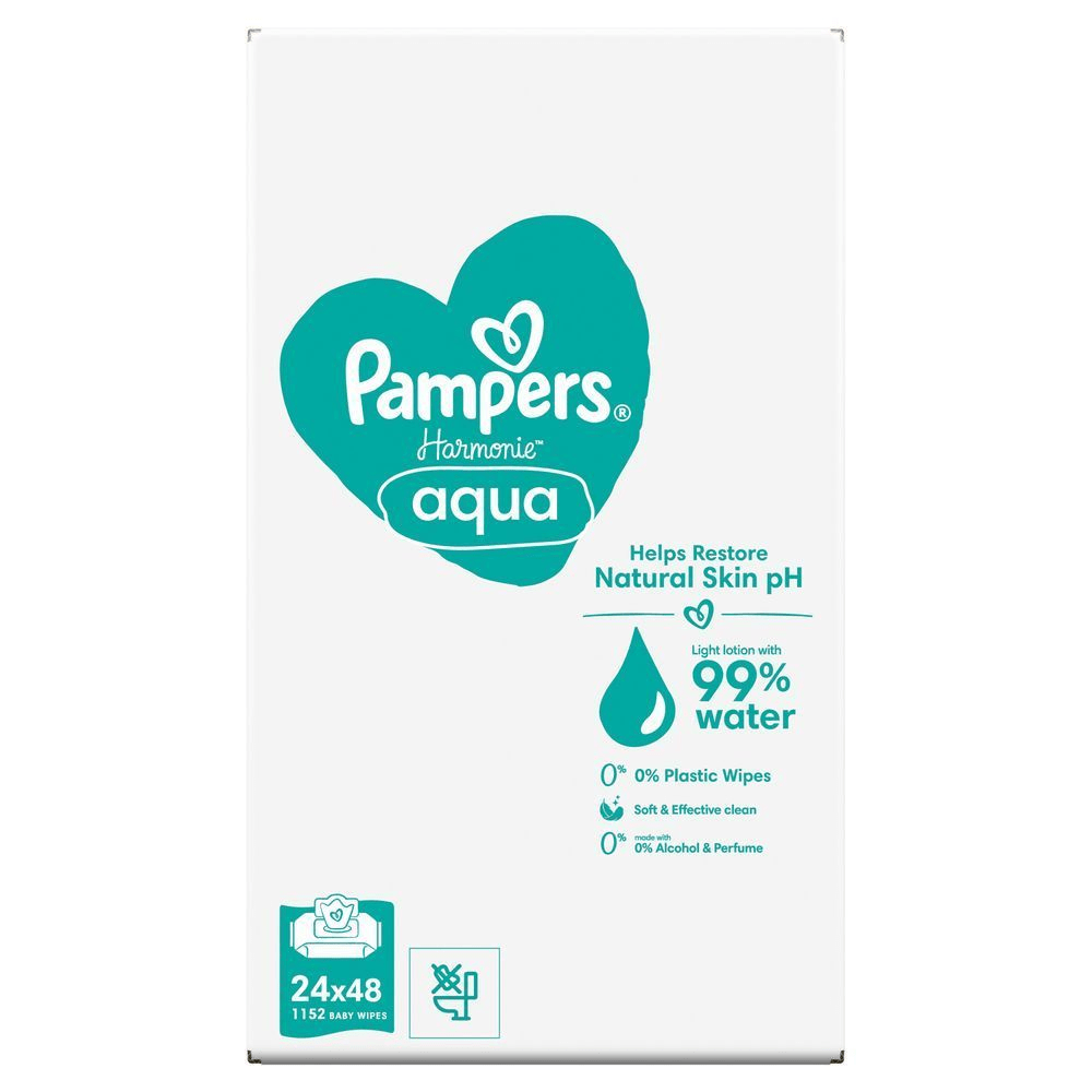 Pampers Harmonie Aqua Feuchttücher, Verpackung mit dem Hinweis auf eine leichte Lotion mit 99% Wasser. [RO] Pampers Harmonie Aqua, pachet cu loțiune delicată cu 99% apă, ajută la refacerea pH-ului natural al pielii. [IT] Pampers Harmonie Aqua, confezione di salviette per bambini con lozione leggera al 99% di acqua, che aiuta a ripristinare il pH naturale della pelle. [HR] Pampers Harmonie Aqua vlažne maramice, ističući formulu s laganim losionom i 99% vode za obnavljanje prirodnog pH kože. [CS] Pampers Harmonie Aqua dětské ubrousky, balení s informací, že obsahují lehkou lotionu s 99 % vody. [HU] Pampers Harmonie Aqua törlőkendő csomagolása, kiemelve a 99%-os víztartalmú, könnyű lotiont és a természetes bőr pH-értékének helyreállítását. [SK] Pampers Harmonie Aqua detské obrúsky, balenie zdôrazňuje zloženie s 99% vody a pomáha obnoviť prirodzené pH pokožky. [SL] Pampers Harmonie Aqua vlažilni robčki, ki pomagajo obnoviti naravni pH kože in vsebujejo losjon z 99% vodo.;
