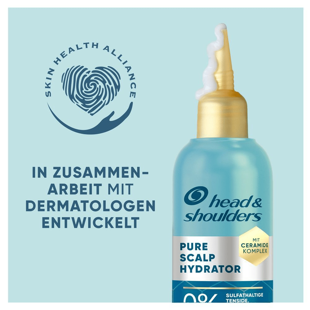 Head & Shoulders Pure Scalp Hydrator in blauer Flasche, entwickelt mit Dermatologen, mit Ceramide.