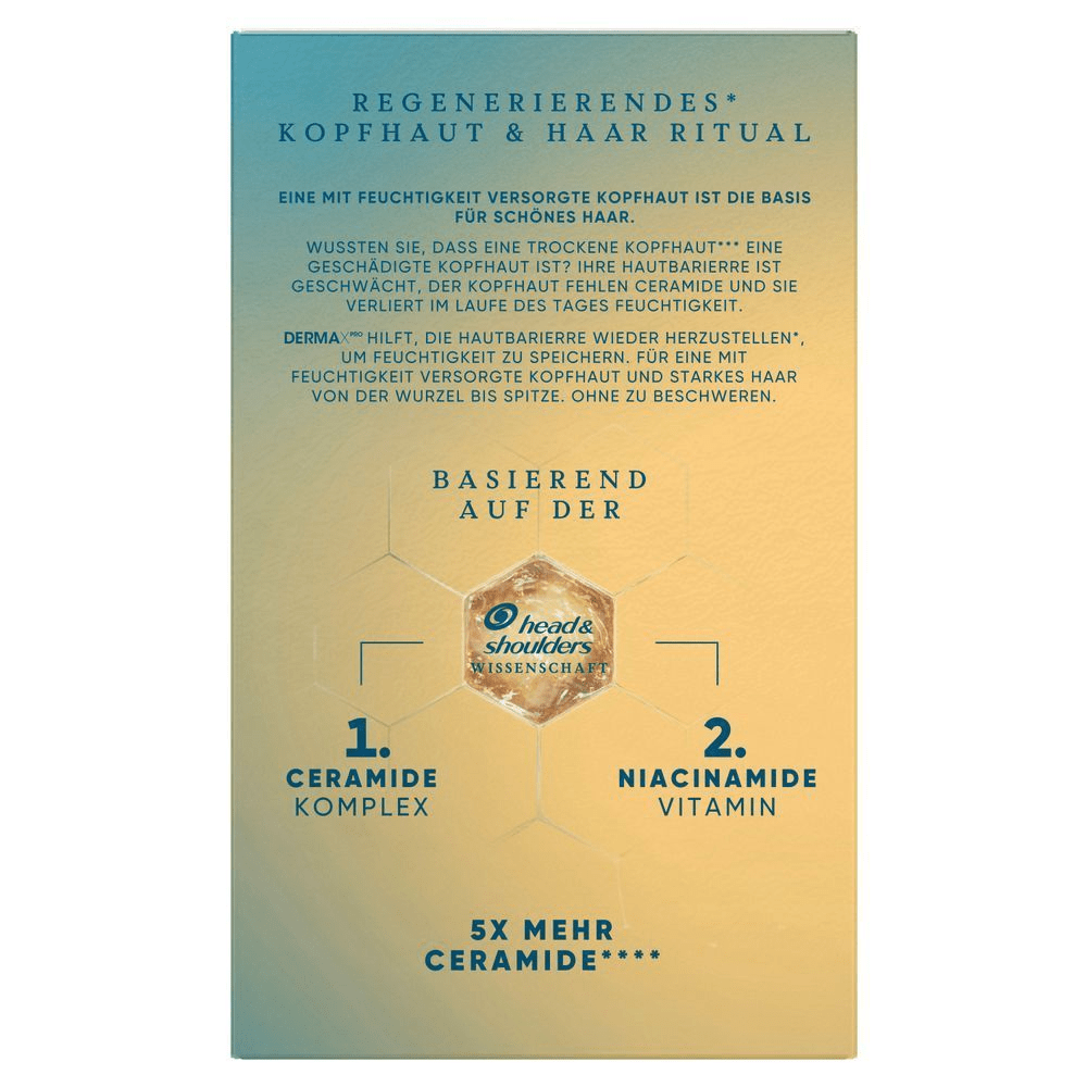 Head & Shoulders Produktwerbung mit dem Hinweis auf 5x mehr Ceramide und basierend auf Ceramide Komplex und Niacinamide Vitamin.