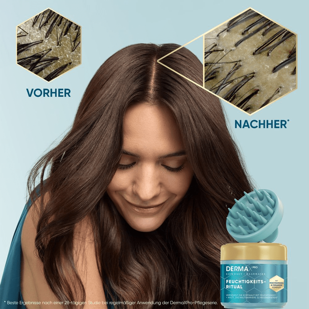 Haarpflegeprodukt mit Vorher-Nachher-Vergleich der Haarstruktur und blauer Flasche.