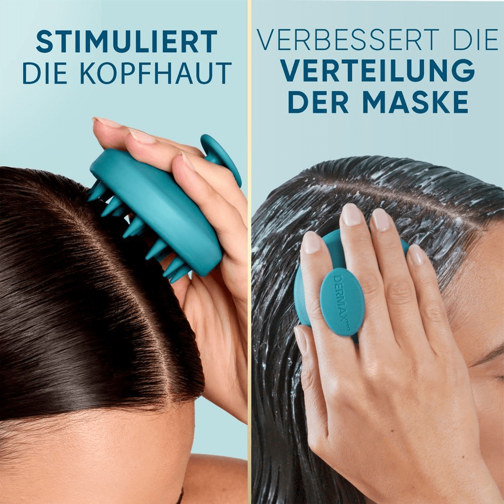 Türkisfarbenes Haarwerkzeug zur Kopfhautstimulation und verbesserten Produktaufnahme.
