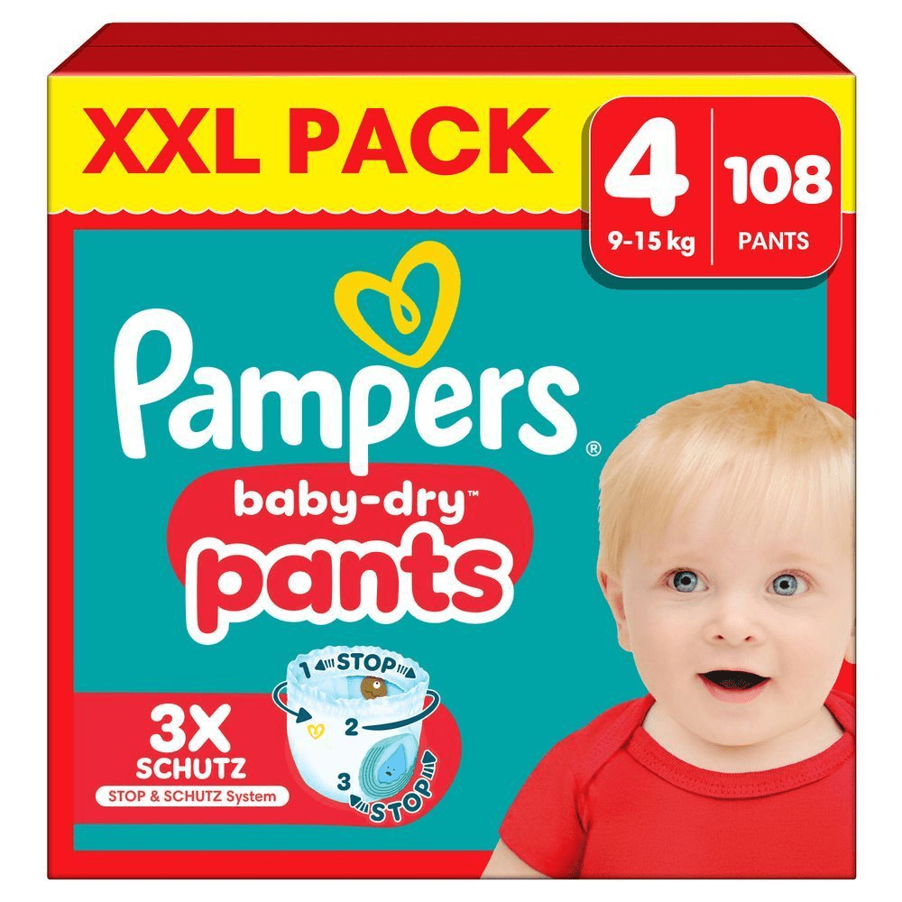 Pampers Baby-Dry Pants XXL Pack, Größe 4 mit 108 Pants, 9 -15 kg, hervorgehoben wird der Produktvorteil: 3x Schutz dank Stop & Schutz System.