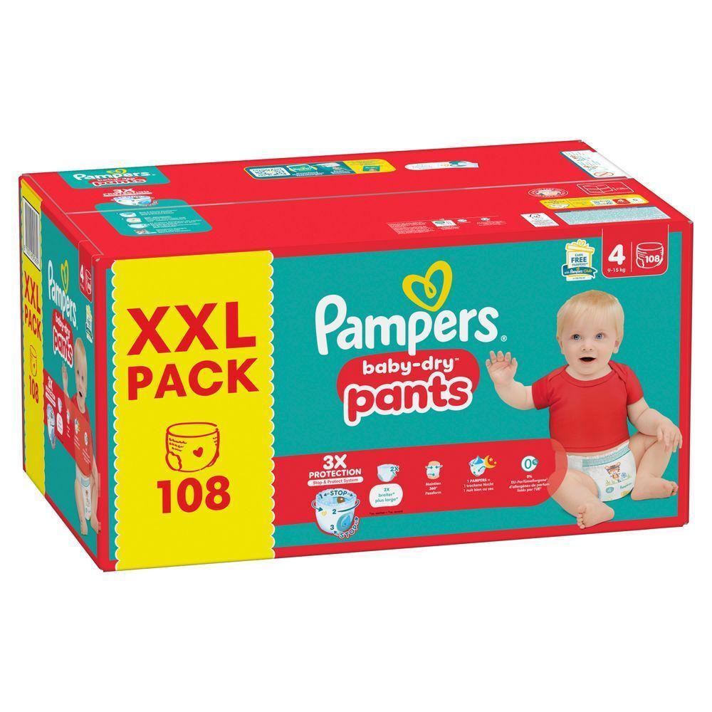 Pampers Baby-Dry Pants, Größe 4, im XXL Pack mit 108 Stück, hervorgehoben mit 3-fach Schutz und Stop & Protect System.;