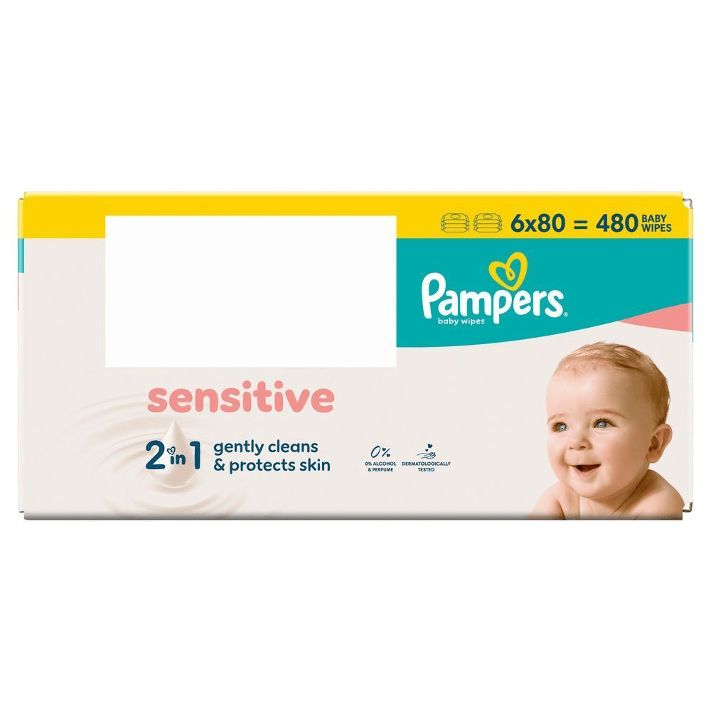 Pampers Sensitive Feuchttücher, 6er Pack mit insgesamt 480 Stück, reinigen sanft und schützen die Haut. [RO] Șervețele umede Pampers Sensitive, pachet de 6x80, pentru un total de 480 de șervețele care curăță delicat și protejează pielea. [SV] Pampers Sensitive baby wipes, 6-pack med totalt 480 stycken, som skonsamt rengör och skyddar huden, 0% alkohol och parfym. [HR] Pampers Sensitive vlažne maramice, pakiranje od 6 komada, svaka sa 80 maramica, nježno čisti i štiti kožu. [CS] Pampers Sensitive dětské vlhčené ubrousky 2 v 1 jemně čistí a chrání pokožku, balení 480 kusů. [HU] Pampers Sensitive törlőkendők, 6x80 darabos kiszerelésben, gyengéden tisztítja és védi a bőrt. [SK] Pampers baby wipes sensitive, balenie 6x80, celkom 480 kusov, jemne čistia a chránia pokožku. [SL] Pampers Sensitive otroški robčki, pakiranje 6x80 kosov, nežno čistijo in ščitijo kožo, brez alkohola in parfumov. [FI] Pampers Sensitive -vauvanpyyhkeet, joissa on 6 pakkausta, yhteensä 480 pyyhettä, jotka puhdistavat ja suojaavat ihoa hellävaraisesti, eivätkä sisällä alkoholia tai hajusteita. [NO] Pampers Sensitive våtservietter, 6 pakker med 80 servietter, for totalt 480 våtservietter, skånsom rengjøring og beskyttelse for huden.