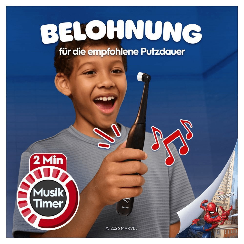 Lachendes Kind hält die Oral-B iO Kids 6+. Musiknoten demonstrieren den 2-Minuten Musik-Timer.