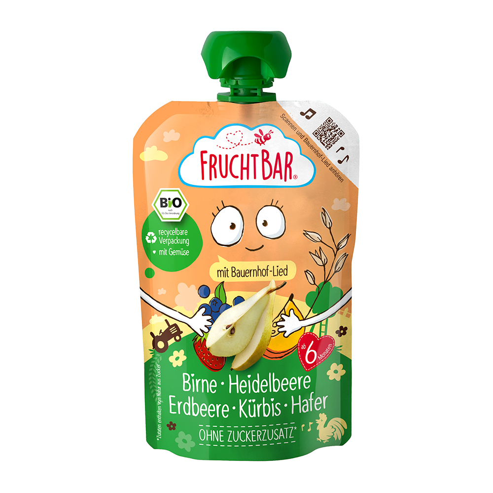 Bild: FruchtBar Quetschie Birne, Heidelbeere, Erdbeere, Kürbis und Hafer 