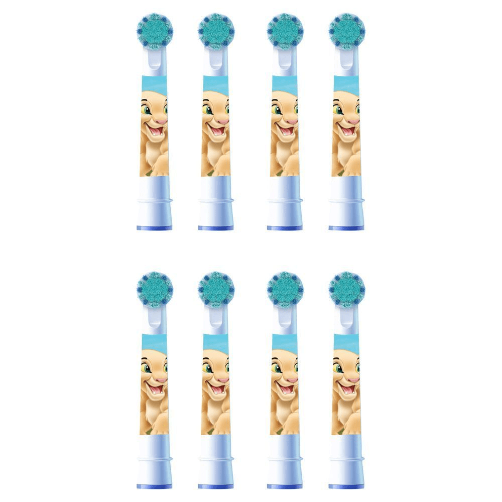 Oral-B Aufsteckbürsten für Kinder, 8er-Pack, mit einem Bild von Nala aus "Der König der Löwen" auf jeder Bürste. [EN] Oral-B Kids replacement brush heads featuring a "Lion King" design with the character Nala on each brush. [DA] Oral-B børstehoveder med Nala fra Løvernes Konge, sæt med otte, designet til at gøre børstning sjov for børn. [SV] Oral-B eltandborsthuvuden, 8-pack, med motiv av Nala från Lejonkungen. [IT] Oral-B testine di ricambio con l'immagine di Nala de Il Re Leone, confezione da otto per un'igiene orale divertente e efficace. [HR] Oral-B nastavci za četkicu za zube s likom Nale iz Kralja lavova, pakiranje od osam komada. [FI] Oral-B lasten vaihtoharjakset, joissa on Leijonakuningas Nala -hahmo, kahdeksan kappaleen pakkauksessa. [NO] Oral-B tannbørstehoder, 8-pakning, med Nala fra Løvenes Konge-design på hver børstehode. [ES] Oral-B cabezales de recambio con diseño del El Rey León, en un paquete de ocho unidades.;