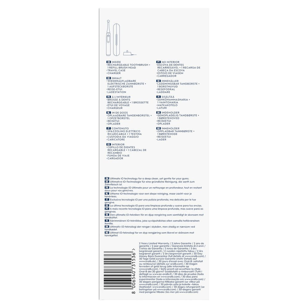 Oral-B iO elektrische Zahnbürste mit Aufsteckbürste, Reise-Etui und Ladestation. Ultimative iO-Technologie für gründliche Reinigung. [EN] Oral-B iO rechargeable toothbrush packaging, highlighting the included travel case, charger, and one refill brush head. [DA] Oral-B genopladelig tandbørste, der indeholder 1 børstehoved, rejseetui og oplader, med ultimativ iO-teknologi for en dyb, men nænsom rengøring. [SV] Oral-B iO laddningsbar tandborste med ett borsthuvud, resefodral och laddare, som utlovar en djup rengöring som är skonsam mot tandköttet. [IT] Oral-B iO spazzolino elettrico ricaricabile, confezione che evidenzia la tecnologia iO per una pulizia profonda ma delicata per le gengive. [HR] Oral-B iO električna četkica za zube s pakiranjem koje ističe Ultimate iO tehnologiju za dubinsko čišćenje, ali nježno za desni. [FI] Oral-B ladattava hammasharja, jossa yksi vaihtoharja, matkakotelo ja laturi, pakkaus korostaa syväpuhdistavaa ja hellävaraista iO-teknologiaa. [NO] Oral-B oppladbar tannbørste vist med emballasjen som fremhever at den inkluderer ett børstehode, reiseetui og lader. [ES] Oral-B iO cepillo de dientes recargable con un cabezal de recambio, funda de viaje y cargador. [PT] Escova de dentes Oral-B iO recarregável, mostrada com cabeça de escova de substituição, estojo de viagem e carregador.;