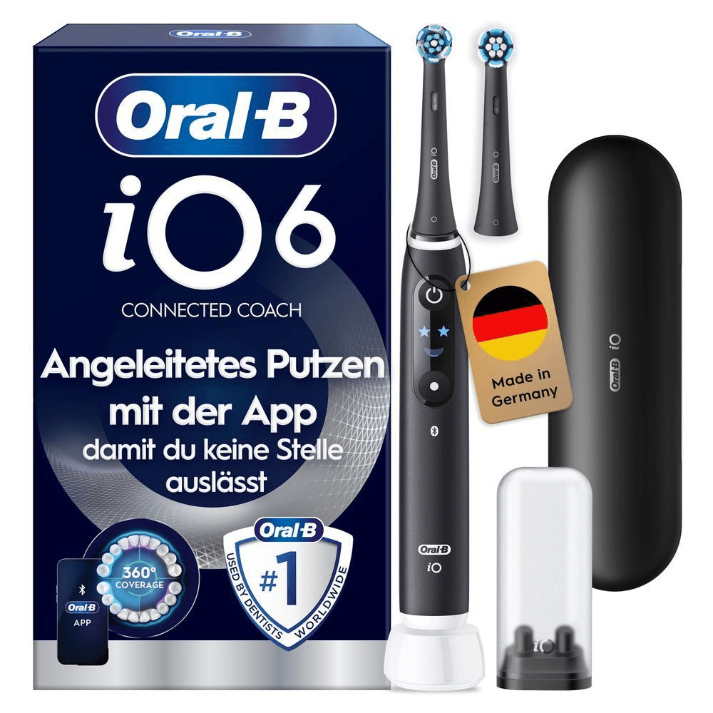 Oral-B iO6 elektrische ZahnbÃ¼rste mit Verpackung, die gefÃ¼hrte Reinigung mit der App hervorhebt, damit keine Stelle ausgelassen wird. Mit Made in Germany AnhÃ¤nger.