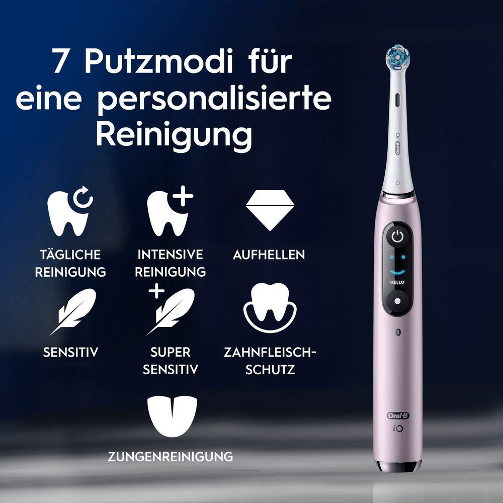 Oral-B iO Zahnbürste mit Anzeige der 7 Putzmodi für eine personalisierte Reinigung, inklusive Zungenreinigung und Zahnfleischschutz.