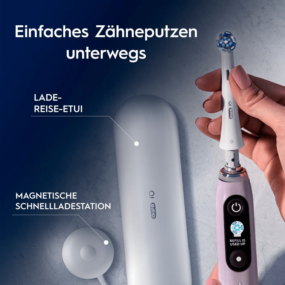 Oral-B iO Zahnbürste mit Lade-Reise-Etui und magnetischer Schnellladestation für einfaches Zähneputzen unterwegs.