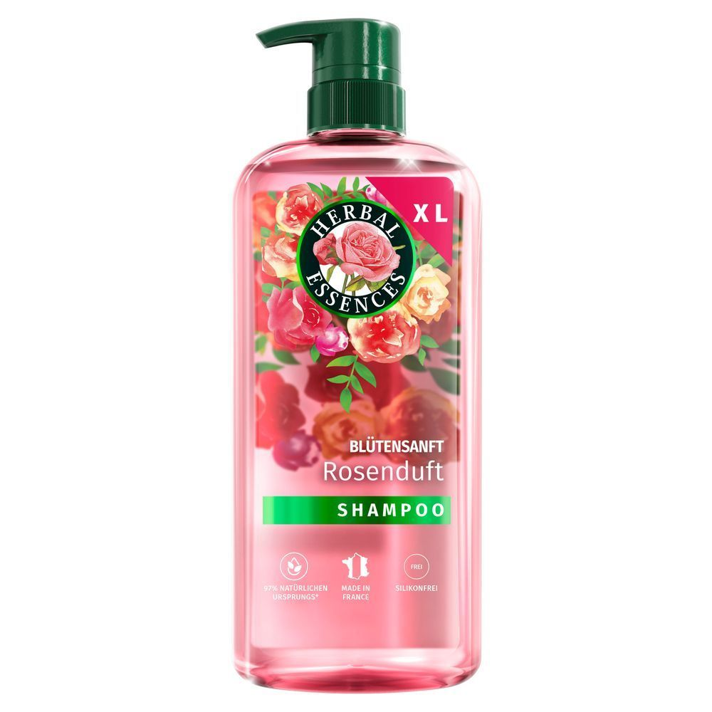 Herbal Essences Blütensanft Rosenduft Shampoo in XL-Größe, mit der Aufschrift 97% natürlichen Ursprungs und Silikonfrei.