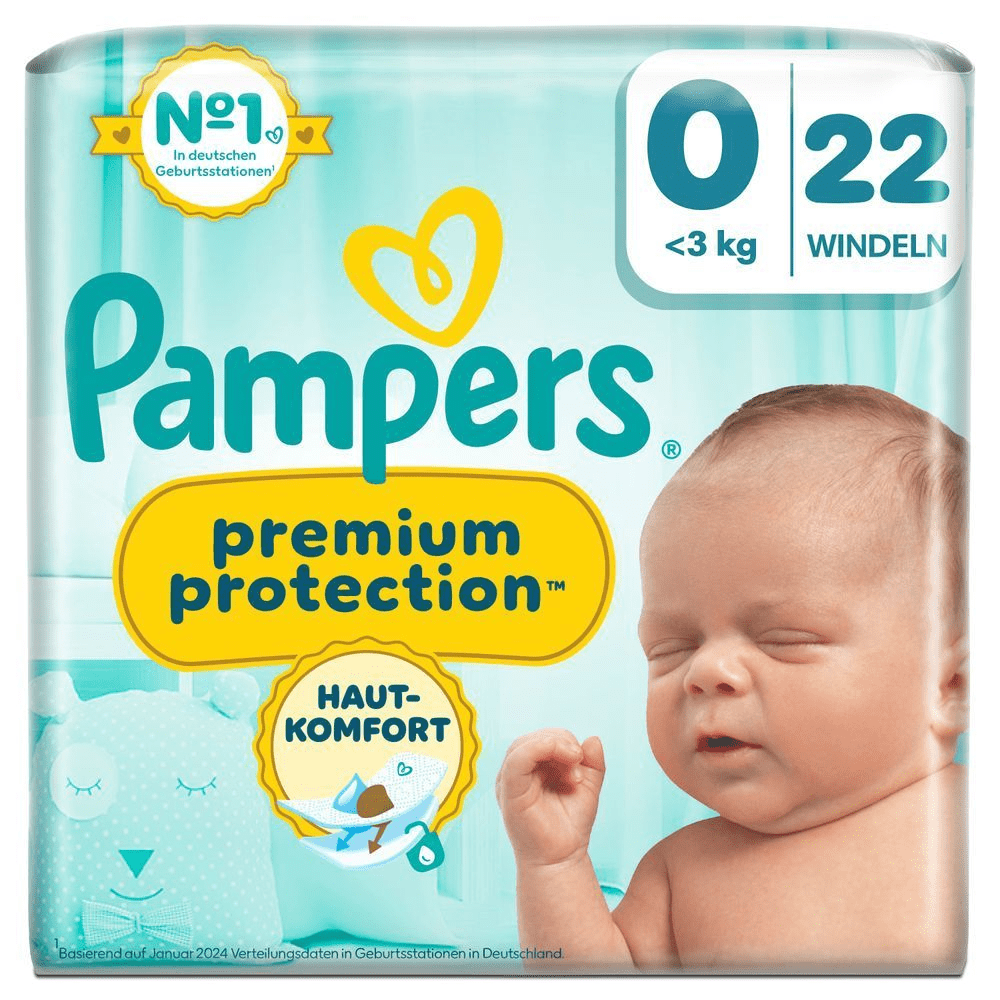 Pampers Premium Protection Single Pack, Größe 0, mit 22 Windeln, <3kg, hervorgehoben wird der Produktvorteil: Hautkomfort + Stop & Schutz Täschchen sowie Nr.1 in deutschen Geburtsstationen (basierend auf Januar 2024 Verteilungsdaten in DE). [IT] Pampers Premium Protection taglia 0, confezione da 22 pannolini, con indicazione "Haut-Komfort" (comfort per la pelle).;