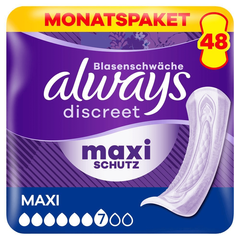 Always Discreet Blasenschwäche Maxi Monatspaket, 48 Stück, mit Maxi Schutz und 7-Tropfen-Saugfähigkeit. [EN] Always Discreet pads, size maxi, 7 drops, 48 count, without wings, sensitive bladder, maxi protection. Plastic pack front panel in purple, Always logo dark purple. Monthly pack highlighted at the top in red caps on a yellow banner.