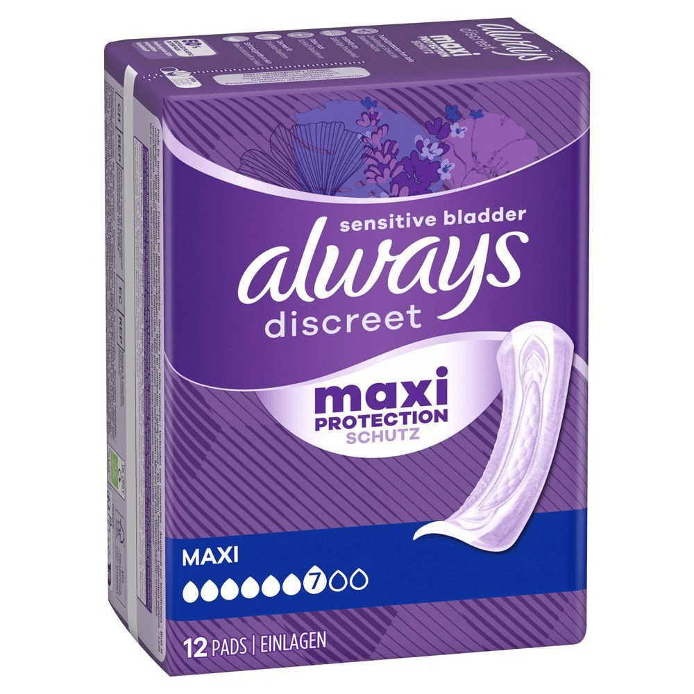 Always Discreet Einlagen bei Blasenschwäche Maxi Schutz, 12 Einlagen mit 7 Tropfen Saugstärke.