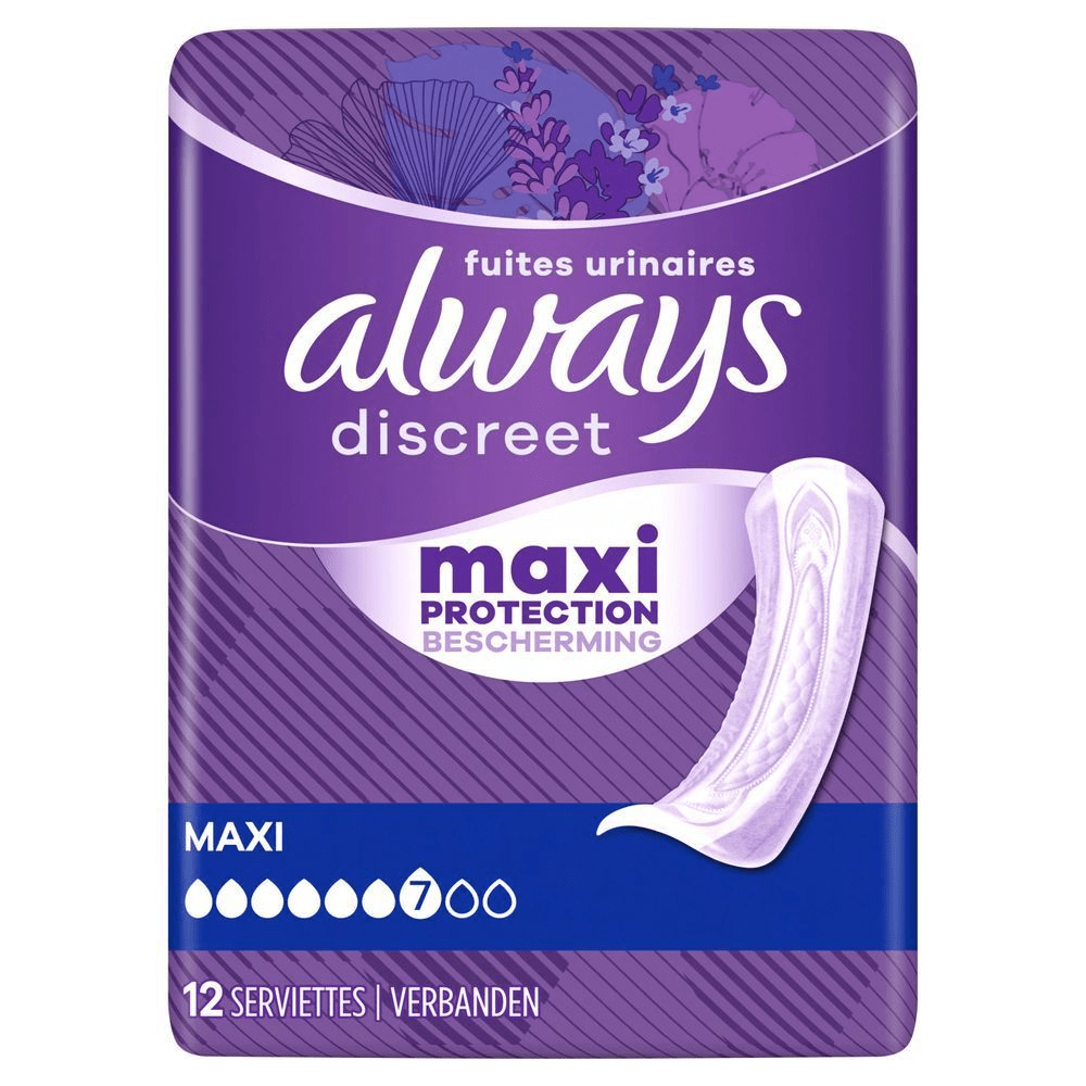 Always Discreet Maxi Inkontinenzeinlagen Packung mit 12 Stück, zeigt Maxi Schutz und 7 von 9 Tropfen Saugfähigkeit.
