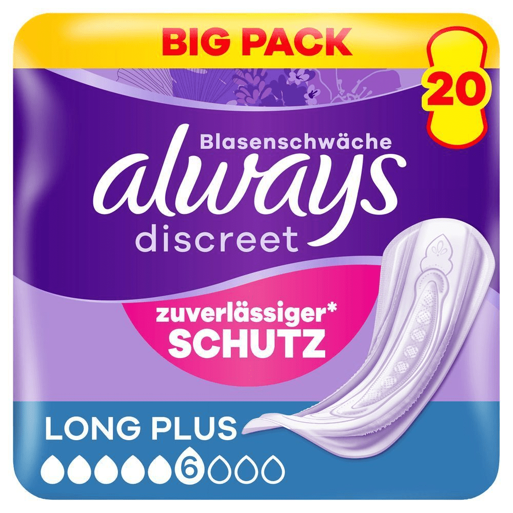 Always Discreet Blasenwäsche LONG PLUS Big Pack, 20 Stück, mit zuverlässigem Schutz und 6 Tropfen Saugfähigkeit. [EN] Always Discreet pads, size long plus, 6 drops, 10 count, without wings, sensitive bladder, complete protection. Plastic pack front panel in purple, Always logo dark purple. Big pack highlighted at the top in red caps on a yellow banner.