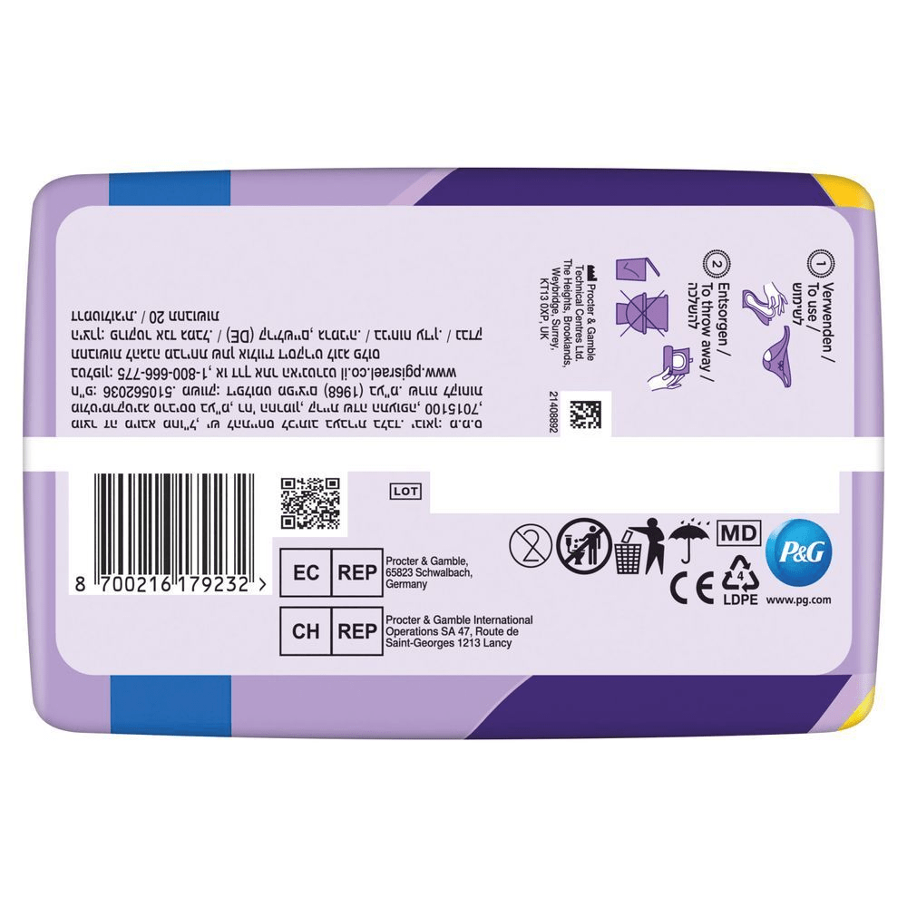 Always Discreet Long Plus Inkontinenzeinlagen-Verpackung mit grafischen Anweisungen zur Anwendung und Entsorgung.